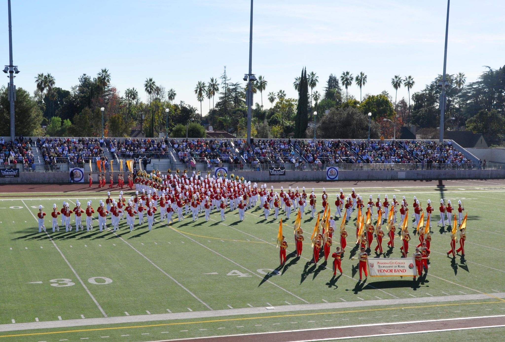 This band has participated in every Rose Parade since 1930.  It is composed of the Pasadena City College Lancer Marching Band plus exceptional school musicians from throughout Southern California.  Each year more than 600 students compete for the 200 band positions.