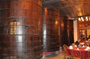 Four of the original wooden storage tanks (there are 135 in total) used for white wines
