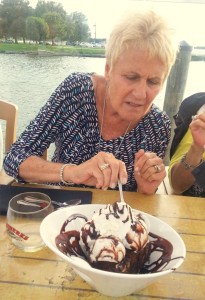 2014-08-17 - Debbie with Dick's Dessert, Boatworks Waterfront Restaurant, Holland, MI