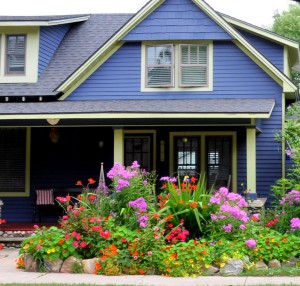 Blue House with Flowers, Northport, MI - 2014-08-19
