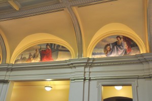 Two of sixteen symbolic murals in the Senate Chamber which depict New Jersey’s hard-won freedom and prosperity