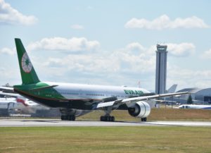 EVA Air (Taiwan) 777 during break testing (c), Paine Field, Everett, WA - 2016-07-20