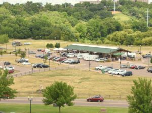 View of Farmer's Market and Our RV from Tower,  Falls Park, Sioux Falls, SD - 2016-07-02