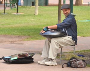 Musician with a Handpan on the Plaza, Santa Fe, NM - 2016-08-22