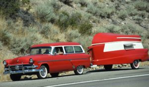Red Station Wagon and Travel Trailer with a Boat, I-80 Eastbound, NV - 2016-08-07
